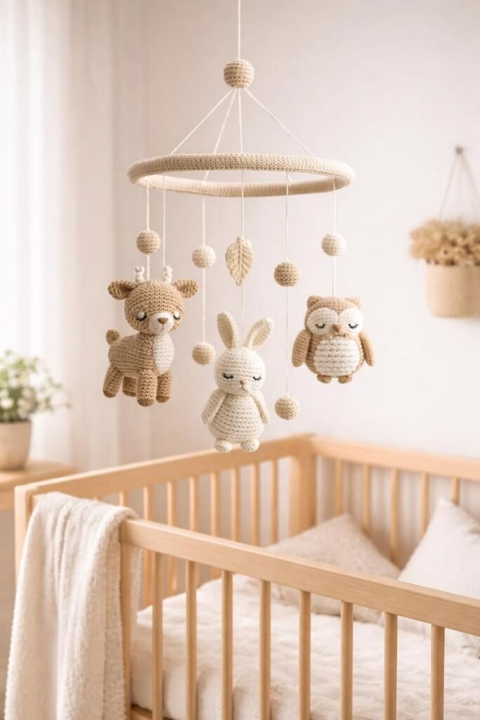 woodland crochet mobile with deer, bunny & owl soft handmade hanging for organic nursery