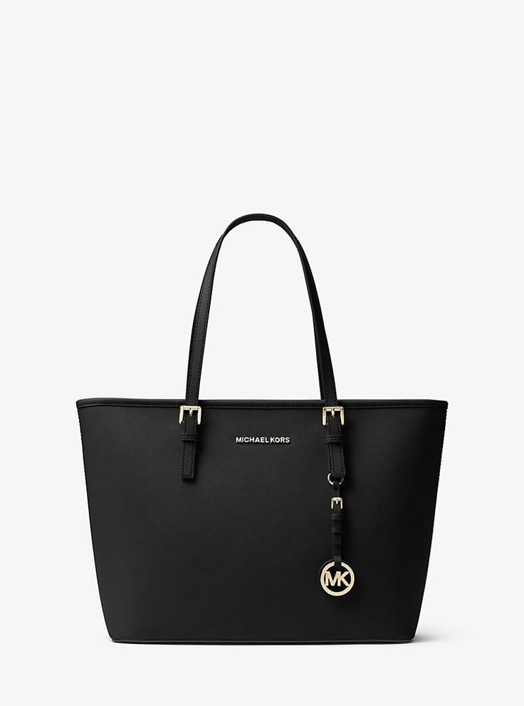HOME michael kors black jet set travel saffiano leather top zip tote bag gold charm